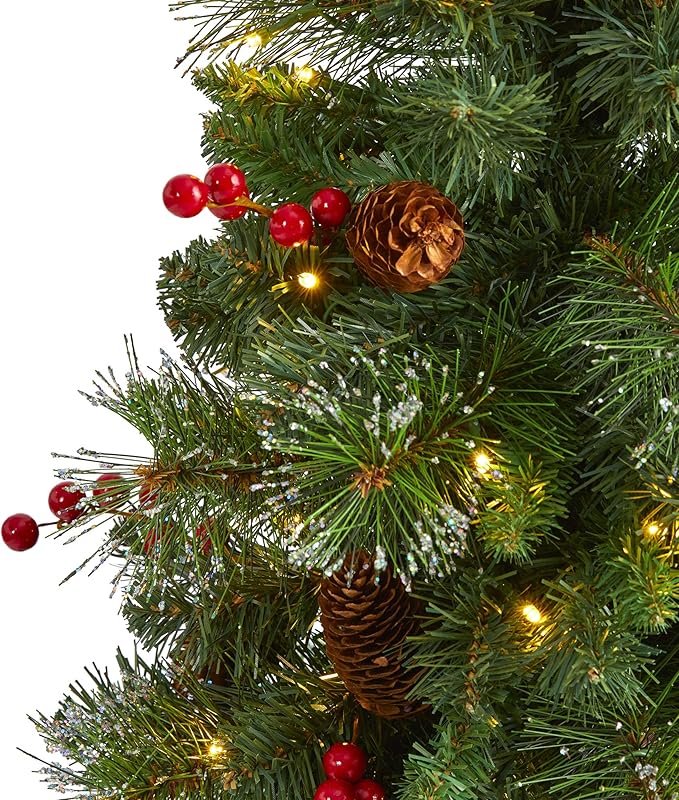 Nearly Natural 4ft. Pine, Pinecone and Berries Artificial Christmas Tree with 100 Clear LED Lights in Decorative Urn