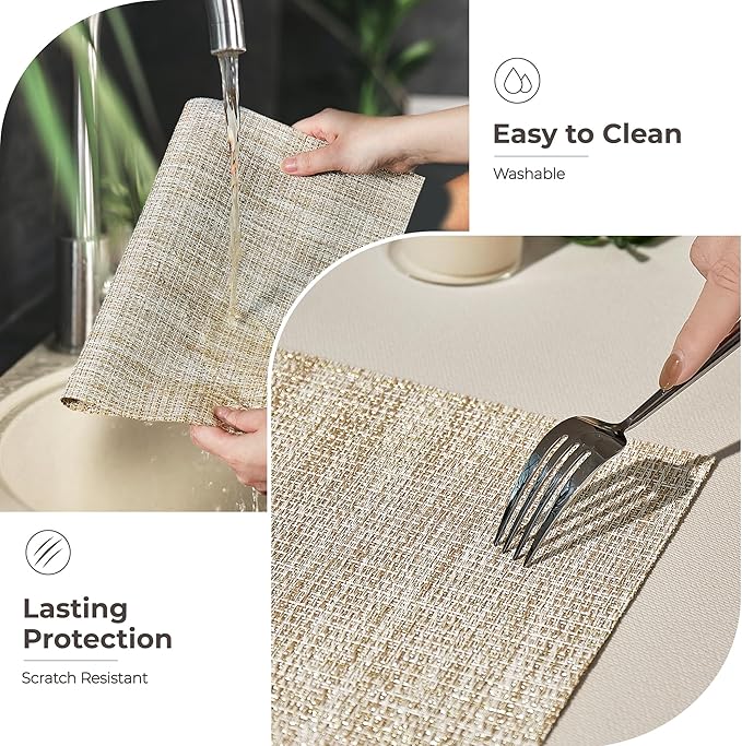 Leetaltree Luxury Beige and Gold Woven Placemats Set of 12 - Waterproof Washable Textured Table Mats for Wedding, Anniversary, Daily Use - Sparkling Metallic Thread Table Decor - Hand-Cut