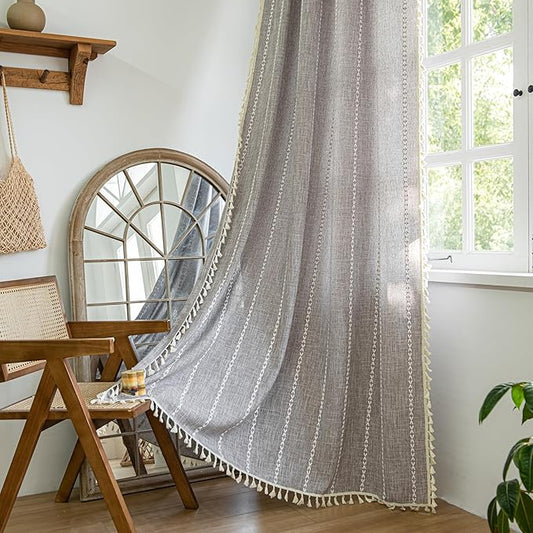 Sutuo Home Boho Curtains for Bedroom Living Room, Semi Blackout Linen Farmhouse Shabby Chic Tassels Window Treatment Bohemian Embroidery Drape, Rod Pocket 1 Panel 52" W x 96" L, Brown