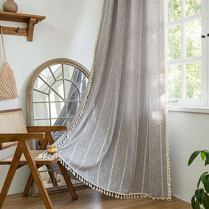 Sutuo Home Boho Curtains for Kitchen Bedroom Dining Room, Linen Farmhouse Shabby Chic Tassels Window Treatment Bohemian Embroidery Drape, Rod Pocket 1 Panel 52" W x 63" L, Brown