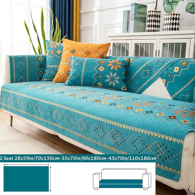 Boho Chenille Couch Covers,Geometric Couch Covers for Sofa,Chenille Couch Cover Non Slip,Sectional l Shaped Sofa Furniture Protector Cover for Home Decor,Lake Blue_2 Seat 35x70in/90x180cm
