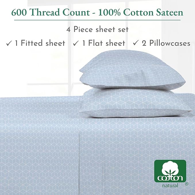 California Design Den Luxury Queen Size Sheet Set - 100% Cotton, 600 Thread Count Deep Pocket Queen Sheets, Hotel-Quality Bedding with Sateen Weave - Print - Geo Urban