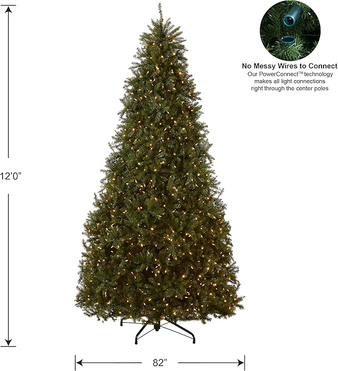 National Tree Company 12 ft Pre-Lit Dunhill Fir Artificial Christmas Tree, 1,200 LED Lights, 7,794 Tips, PowerConnect, Foot Pedal, 10 Light Functions, Includes Stand, Green