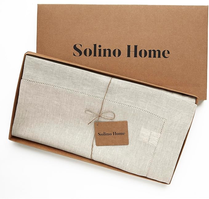 Solino Home Linen Tablecloth 60 x 156 Inch - Classic Hemstitch 100% Pure Linen Light Natural Table Cloth for Rectangle Tables - Machine Washable Tablecloth for Fall, Autumn, Thanksgiving