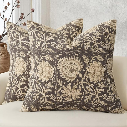 Vintage Floral Print Throw Pillow Covers 22x22 Set of 2 Neutral Modern Farmhouse Accent Decorative Cushion Covers Boho Home Decor for Couch Sofa Chair Bed Living Room, Rustic Gray
