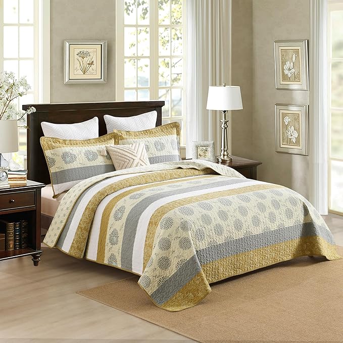Homzard Quilt King Size-Comforter King Quilt Bedding Set,Mustard Yellow Beige Grey All Cotton Quilted Bedspread,Striped Floral Pattern Bedding Set,Lightweight Reversible 3 Piece,All Seasons