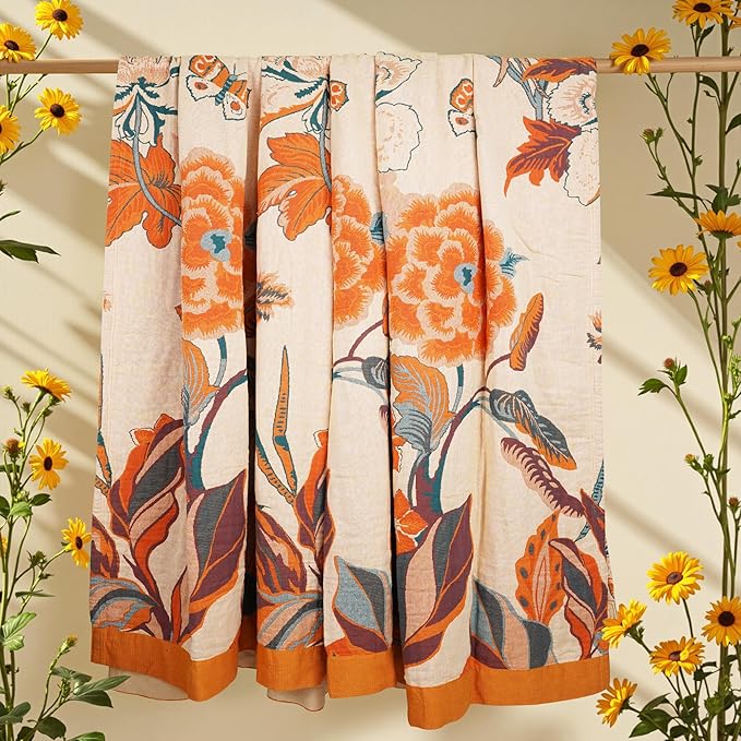 Boho Throw Blanket, 100% Cotton Breathable Soft Bed Throw - Floral Bird Farmhouse Decor Blanket for Sofa Couch Chair Quilt and Gift. 80" x 90"- Beige