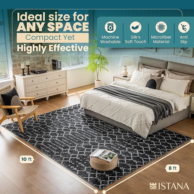 Istana 8x10 Area Rug - Black 8x10 Rugs for Living Room - Foldable Rugs for Bedroom - Stain Resistant Washable Rug - Eco-Friendly Area Rugs - Easy to Clean Living Room Rug