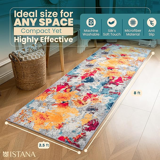 Istana Hallway Runner Rug 2.5x8 - Multi Colors Kitchen Rugs Non Slip Washable -Silk's Soft Touch Carpet Runner - Stylish Rugs for Home