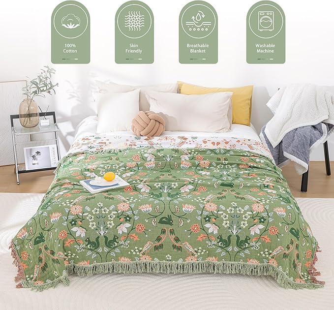 Boho Throw Blanket for Bed 100% Cotton Ultra Soft Rustic Quilt Farmhouse Decor Bed Fall Blanket,All Season Rustic Throw for Sofa Couch Chair (Green World, 90"×98")