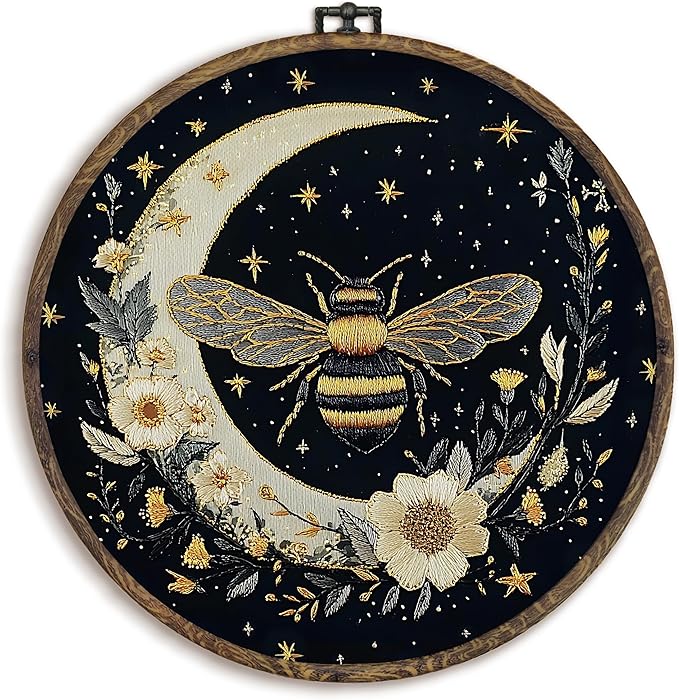 KFXHANGD Gothic Bee Moon Round Wall Art Framed, Witchy Bumble Bee Botanical Canvas Wall Art Decor, Celestial Bees Floral Hanging Decor for Bathroom Bedroom Kitchen, 10x10inch