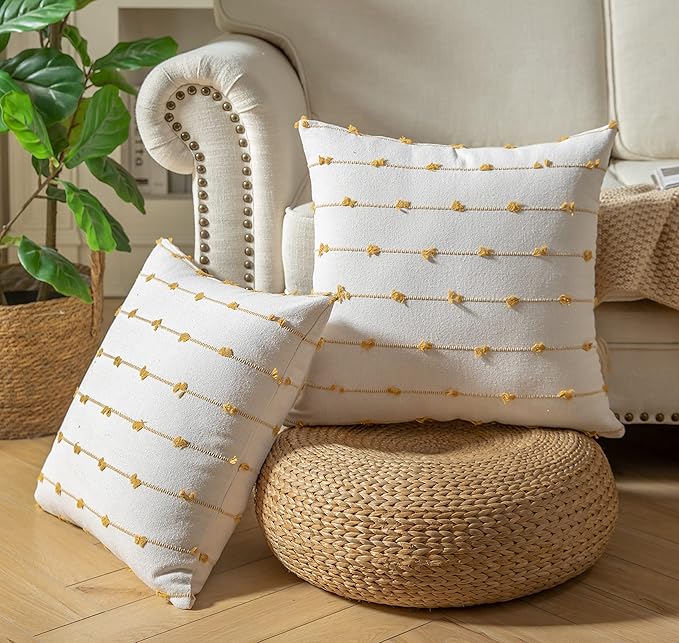 Caflife Boho Throw Pillow Covers 20x20 inches Beige and Yellow, Set of 2 Modern Farmhouse Decorative Pillow Covers for Couch Bed, Living Room