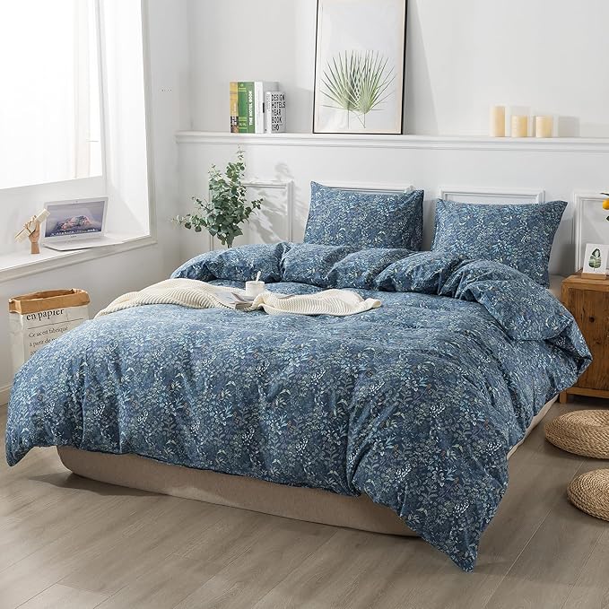 HoneiLife Duvet Cover Queen Size - 100% Cotton Comforter Cover Floral Duvet Cover Sets, Breathable Bedlinen Set with Zipper Closure & Corner Ties,3-pcs Wildflower Comforter Cover Sets