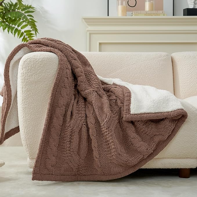 Amélie Home Cable Knit Throw Blanket for Couch, Chenille Sherpa Soft Cozy Throw Blankets for Sofa Chair Comfortable Home, 50"x60", Brown