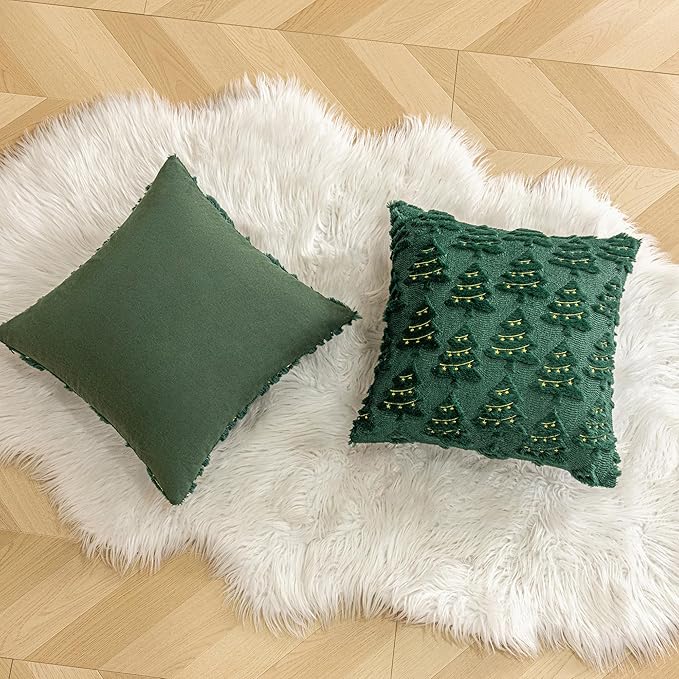 AQOTHES Christmas Tree Decorative Green Throw Pillow Covers 20x20 Set of 2, Faux Fur Farmhouse Throw Pillows Cushion Cases for Xmas Winter Holiday Home Decor