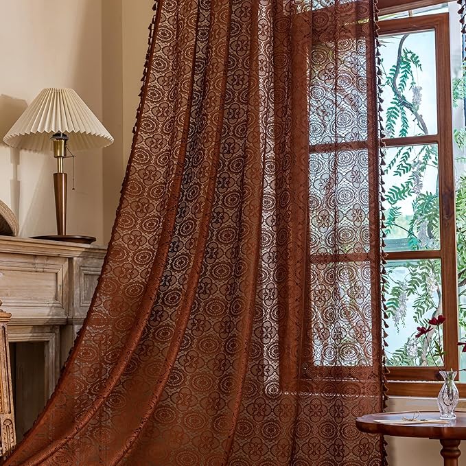 Chocolate Brown Curtains with Tassel for Bedroom Living Room Boho Crochet Doily Pattern Lace Sheer Curtains 63 Inch Length 2 Panels Fall Light Filtering Bay Window Curtain Panels W59 x L63 Brown