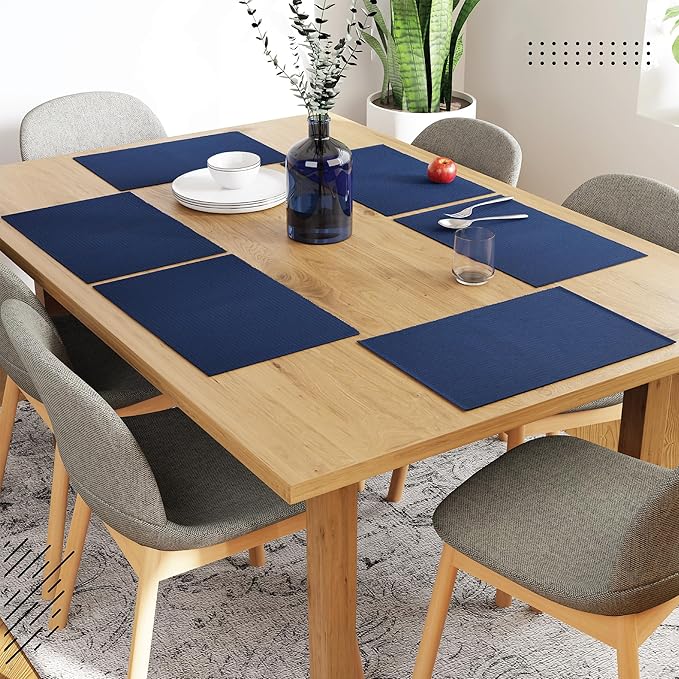 Encasa XO Dining Placemat Set of 6 | Solid Solid Navy Blue Color | Fine Ribbed Cotton Table mat | Size 19x13 in |for Dining Table Fall Decoration, Holiday & Christmas Festivals - Machine Washable
