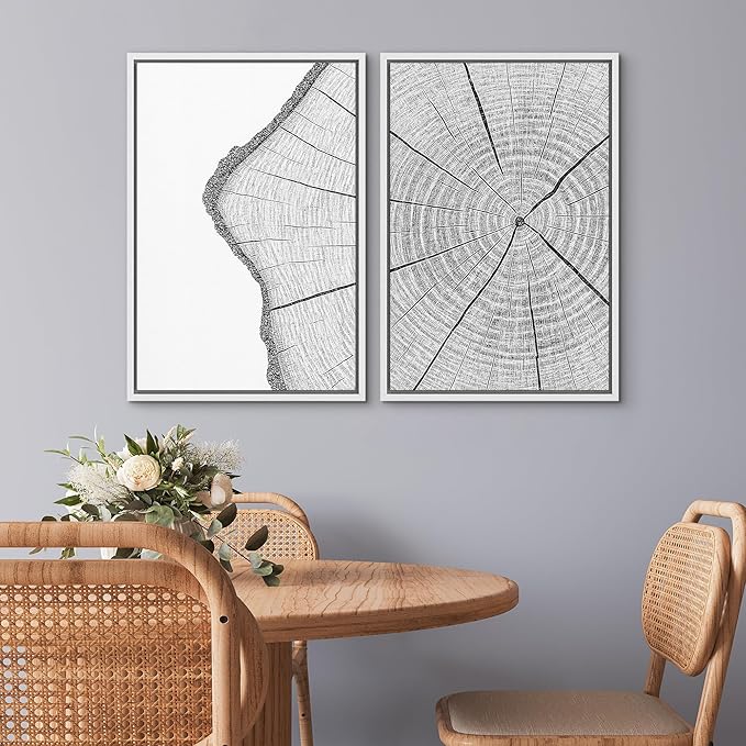 SIGNWIN Framed Canvas Print Wall Art Set Wood Grain Cross Section Minimalist Tree Ring Line Zen Bohemian for Living Room, Bedroom, Office - 24"x36"x2 WHITE