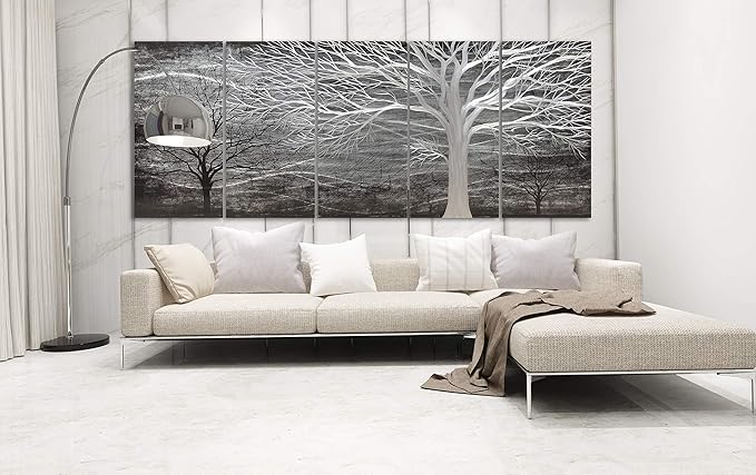 Yihui Arts Tree Metal Wall Art For Living Room Black Grey Silver Color Pictuers For Decor