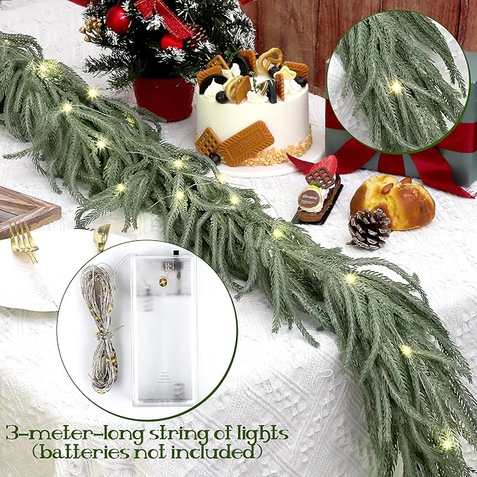 Fovths 1 Pack 6 Feet Christmas Norfolk Garlands Set Green Artificial Winter Pine Garlands Light String Faux Greenery Garland Pine Garland for Xmas Holiday Home Indoor Decor, Green and White
