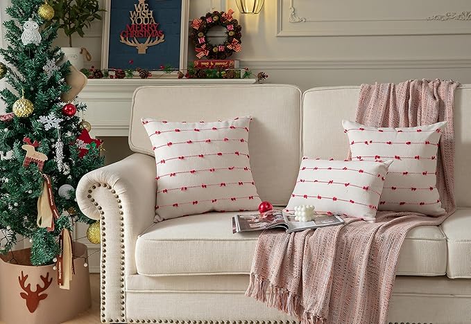 Caflife Boho Christmas Throw Pillow Covers 20x20 inches Beige and Red, Set of 2 Modern Farmhouse Holiday Decorative Pillow Covers for Couch Sofa Bed, Living Room