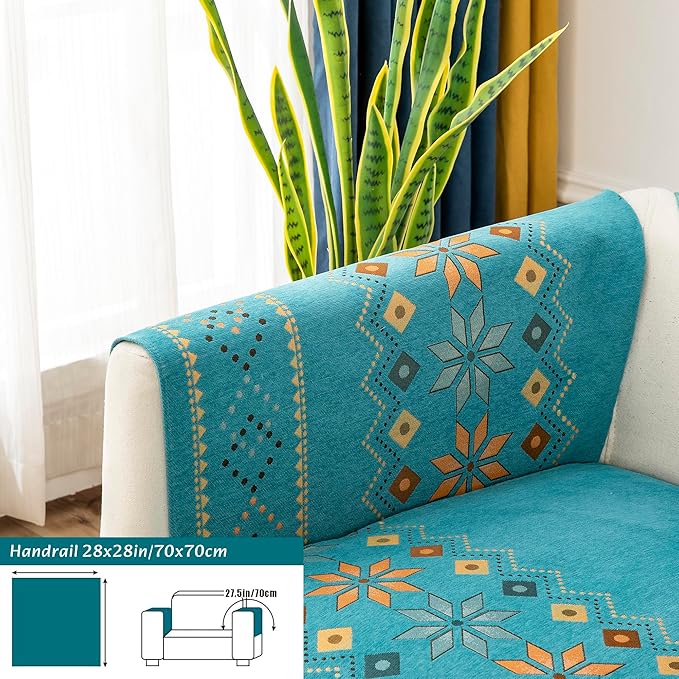 Boho Chenille Couch Covers,Geometric Couch Covers for Sofa,Chenille Couch Cover Non Slip,Sectional l Shaped Sofa Furniture Protector Cover for Home Decor,Lake Blue_Handrail 28x28in/70x70cm