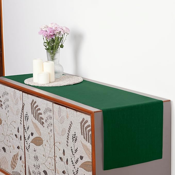 D'Moksha Homes Linen Table Runner 48 Inches - 100% Pure Linen Forest Green Table Runner 14 x 48 Inch for Coffee Tables, Dresser, Fall, Thanksgiving, Christmas, Holiday - Machine Washable