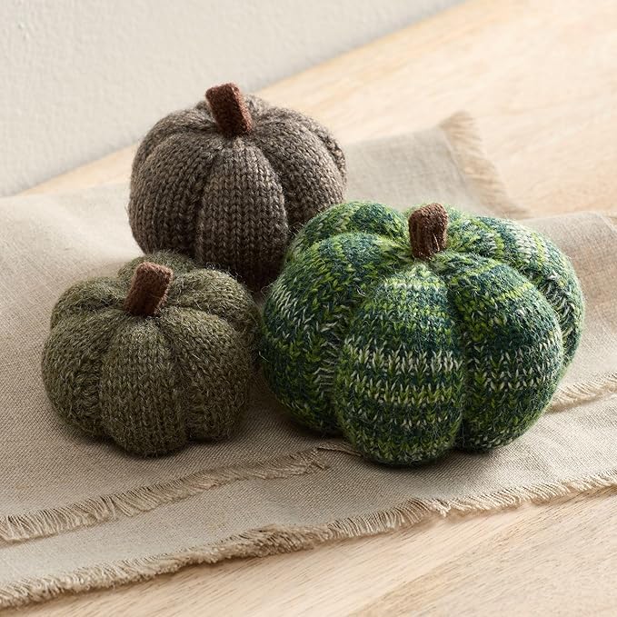 Your Heart's Content Set of 3 Cozy Mini Knit Pumpkins, Autumn Table Home décor, Fall Seasonal Gift idea, Green Accent Kitchen Decor (Juniper Multi-Size Set)