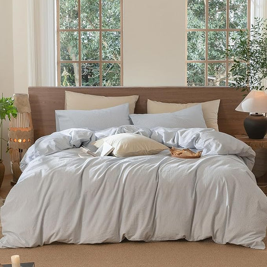 MooMee Striped Duvet Cover Set 100% Washed Cotton Linen Like Textured Breathable Durable Soft Comfy (Cornflower Blue White Pinstripes, Super King Plus 120"x120")