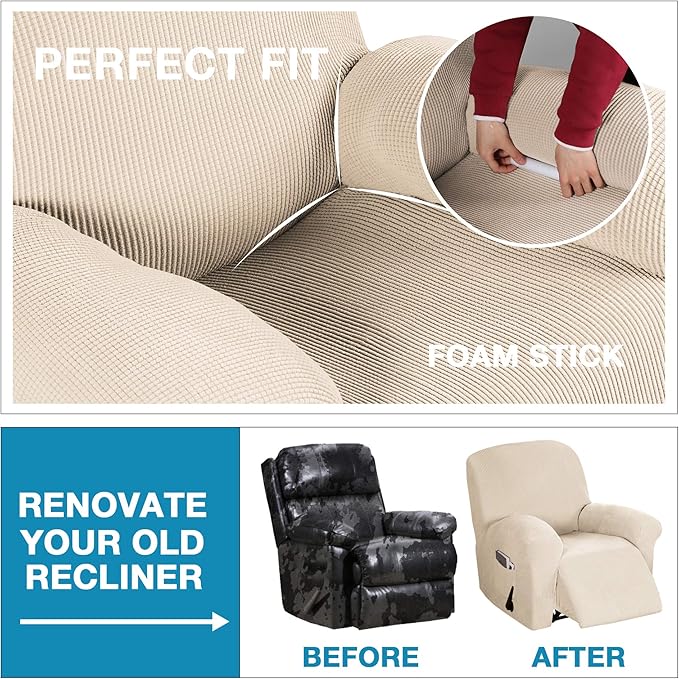 Flamingo P Stretch Recliner Chair Cover for Electric/Manual Style | Furniture Cover for Reclining with Side Pocket, Soft Checked Jacquard Fabric Form Fitted Standard/Oversized - Biscotti Beige