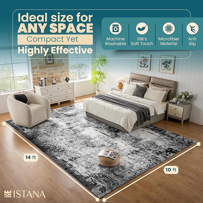 Istana Living Room Rug 10x14 - Grey Black 10 x 14 Area Rug - Foldable Machine Washable Area Rugs 10x14 - Stylish 10x14 Area Rugs Boho - Stain Resistant Washable Rug 10x14