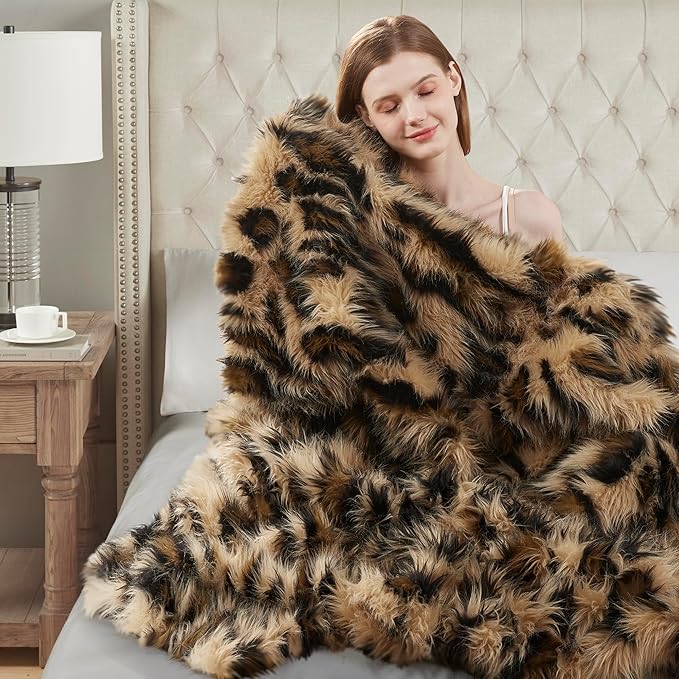 Hyde Lane Faux Fur Throw Blanket, Luxury Fluffy Leopard Blankets for Home Couch Sofa, Fuzzy Plush Animal Coat Color Throws for Decoration, Gift for Women, 50x60