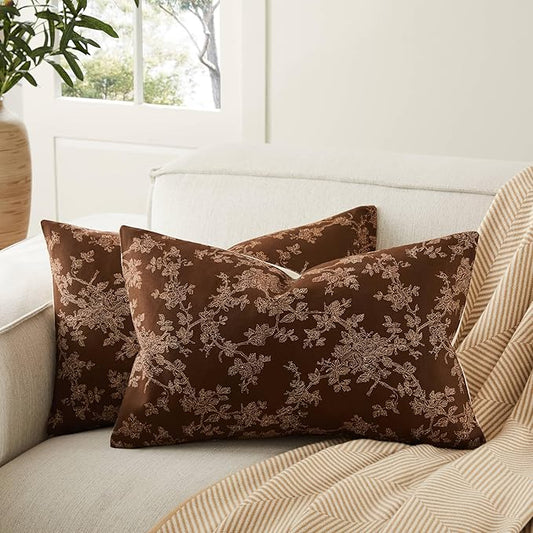 100% Cotton French Pastoral Throw Pillow Covers Set of 2, 12x20 Inch Background/Brown Farmhouse Decorative Cushion Covers for Sofa Bed Living Room Home Decor