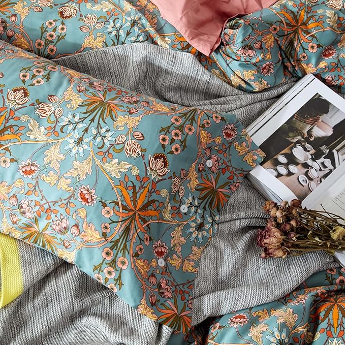 mixinni Vintage Style Garden Flower Duvet Cover Set with Zipper Closure Long Staple Percale Cotton Yellow Vibrant Pattern on Bedding Quilt Cover Set(King, All Season)