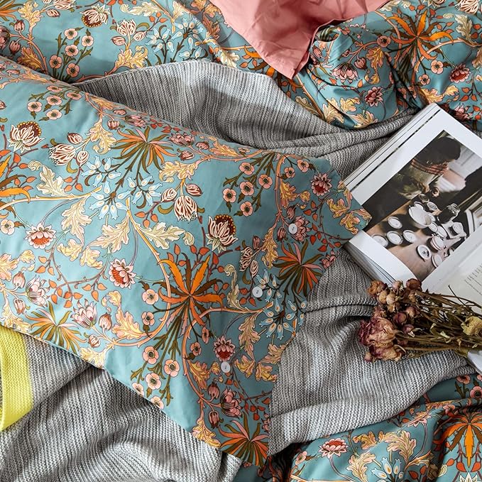 mixinni 3 Pieces Flower Duvet Cover Set 100% Natural Cotton Full Size Bedding Cover with Zipper&Ties, 1 Duvet Cover and 2 Pillowcases, Easy Care, Soft and Durable-Full Size