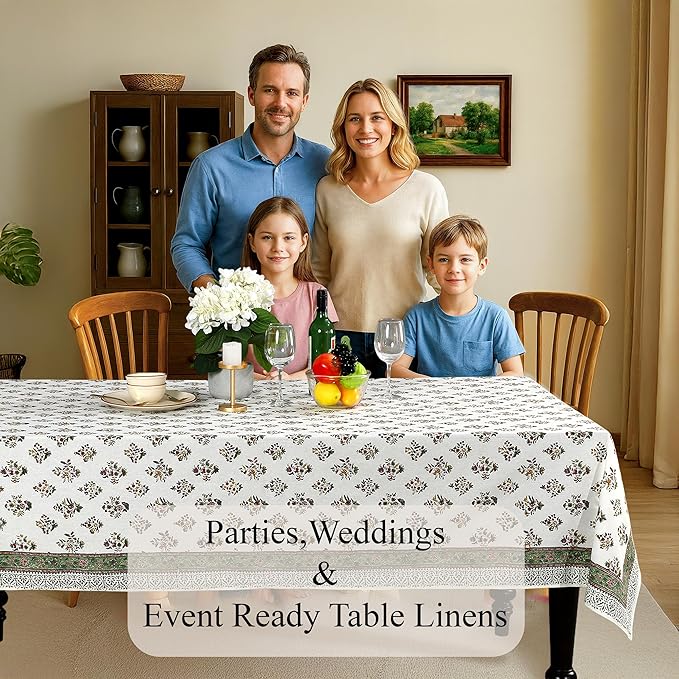 CPC Tablecloth 100% Cotton 70x118 Inch Indian Block Print Rectangle Table Cover, Table Cloth for Weddings, Spring/Summer, Barbeque -Forest Green
