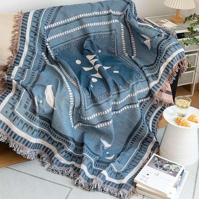 VClife Boho Sofa Couch Cover White Blue Plaid Stripe Couch Cover for 2 Cushion Couch Sofa Thick Breathable Non Slip Loveseat Cover for Dog Reversible Large Sofa Slipcover Furniture Protector Cover