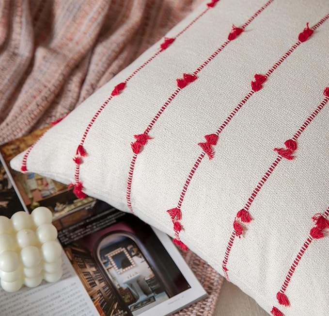 Caflife Boho Christmas Throw Pillow Covers 20x20 inches Beige and Red, Set of 2 Modern Farmhouse Holiday Decorative Pillow Covers for Couch Sofa Bed, Living Room