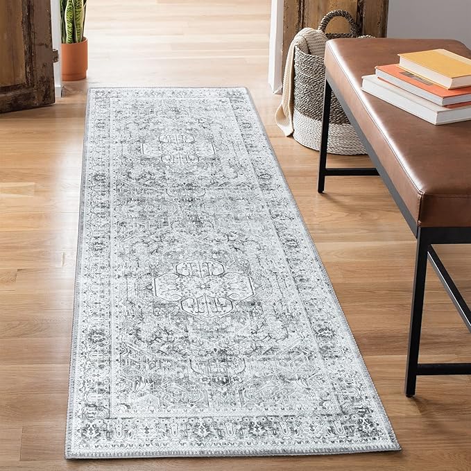 Bloom Rugs Washable Non-Slip 12 ft Runner - Gray/Charcoal Traditional Medallion Runner for Entryway, Hallway, Bathroom, and Kitchen - Exact Size: 2.5' x 12'
