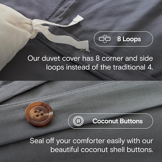 DOZ 100% Long Staple Cotton Duvet Cover Set, Soft Sateen Weave Cotton, Smooth, Breathable, Hotel Comfort, 90"x90", 8 Loops, 3pc – 2 Pillowcases 1 Duvet Cover (Storm, Full/Queen)