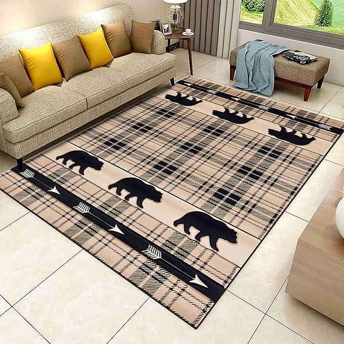 Brown Buffalo Plaid Area Rug, 5x8ft, Retro Rustic Style Wild Animal Black Bear Accent Rug, Lodge Native Cabin Hunting Rug, Easy-Cleaning Non-Slip Indoor Floor Mat for Bedroom Living Room