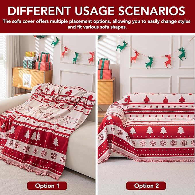 Christmas Couch Cover, Red Sofa Covers for 3 Cushion Couch, L Shape Sectional Protector for Dogs Washable, Reversible Throw Blanket Slipcover, Christmas Chair Decorations Gifts(71"x118", Red)