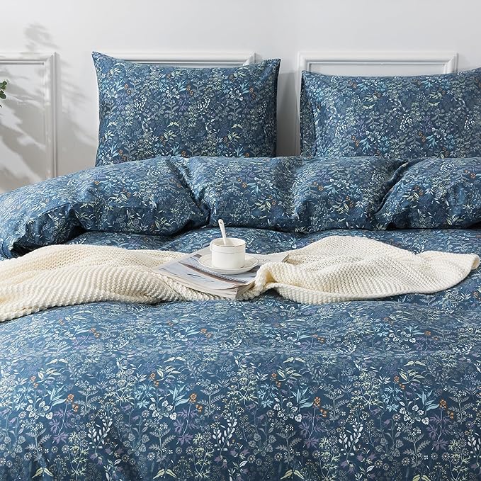 HoneiLife King Duvet Cover Set - 100% Cotton Comforter Cover, Floral Bedlinen Set with Zipper Closure & Corner Ties, 3-pcs(1Duvet Cover+2 Pillow Case)-Herbs