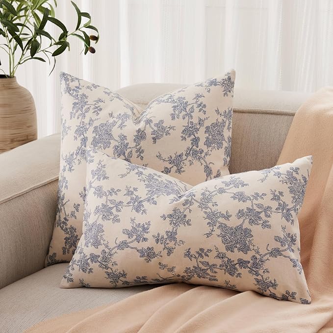 100% Cotton French Pastoral Throw Pillow Covers Set of 2, 24x24 Inch Blue Farmhouse Decorative Cushion Covers for Sofa Bed Living Room Home Decor