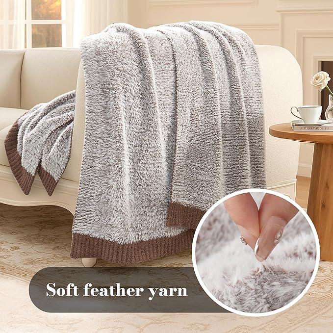 Amélie Home Knit Throw Blanket for Couch, Super Soft Fuzzy Blanket for Sofa, Luxury Cozy Fluffy Throw for Room Decor, 50" x 60", Heather Brown