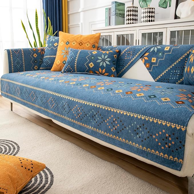 Boho Chenille Couch Covers,Geometric Couch Covers for Sofa,Chenille Couch Cover Non Slip,Sectional l Shaped Sofa Furniture Protector Cover for Home Decor,Blue_Handrail 28x28in/70x70cm