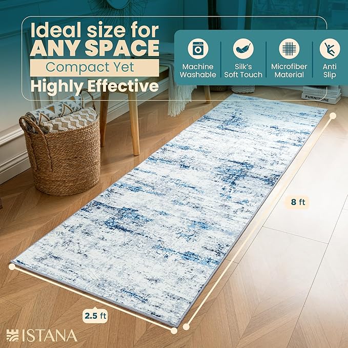Istana Hallway Runner Rug 2.5x8 - Blue/White Kitchen Rugs Non Slip Washable -Silk's Soft Touch Carpet Runner - Stylish Runner Rugs for Home