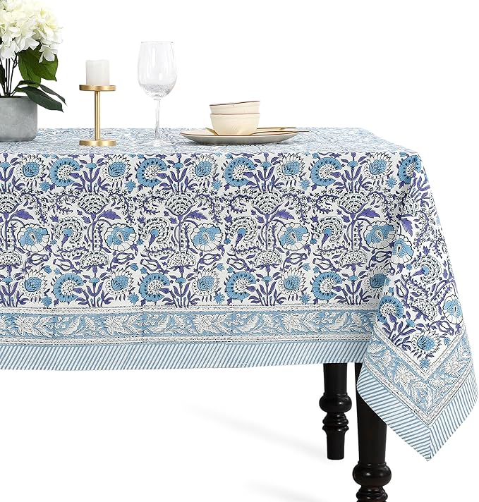 CPC Tablecloth 100% Cotton 70x108 Inch Indian Block Print Rectangle Table Cover, Blue Table Cloth for Weddings, Spring/Summer, Barbeque - Indigo Blue
