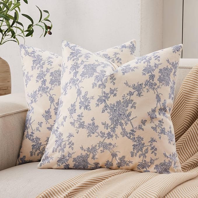 100% Cotton French Pastoral Throw Pillow Covers Set of 2, 16x16 Inch Blue Farmhouse Decorative Cushion Covers for Sofa Bed Living Room Home Decor