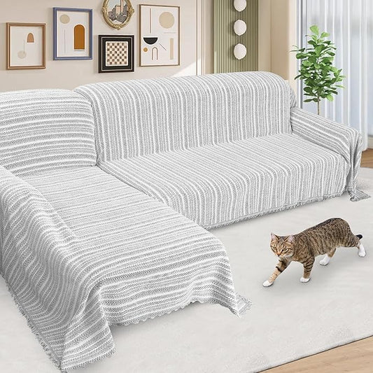 ALIECOM Boho Couch Covers for Sectional Sofa 2 Piece Thick Chenille L Shape Sectional Sofa Cover for Dogs Couch Cover Blanket Sofa Slipcovers Pet Furniture Protector Washable (X-Large, Lines Black)